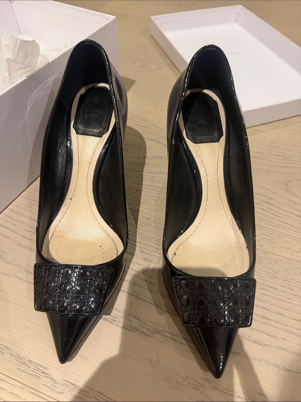 Dior Black Patent Pointed Toe Pumps with Embossed Square Buckle